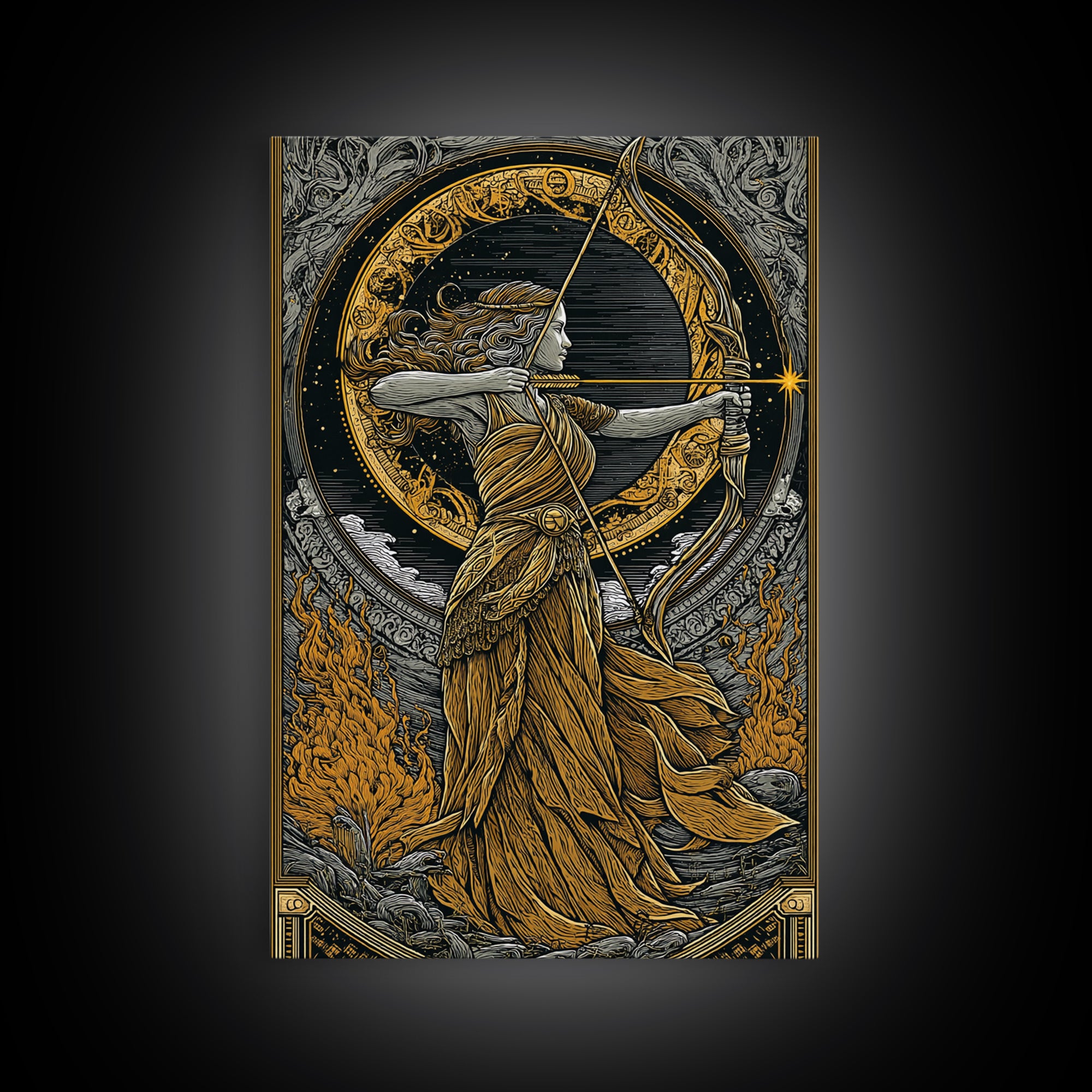 Artemis Greek Goddess Canvas Gold Canvas Print, Bow And Arrow Mythology Inspired Artwork, Real Wood Frame Decorative Wall Art