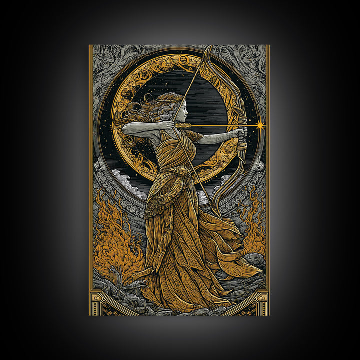 Artemis Greek Goddess Canvas Gold Canvas Print, Bow And Arrow Mythology Inspired Artwork, Real Wood Frame Decorative Wall Art