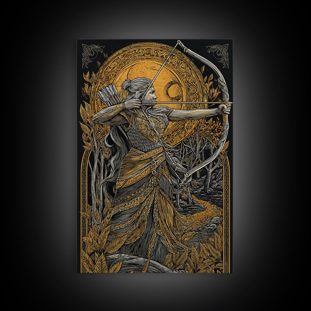Artemis Moonlit Huntress With Bow, Canvas Gold Art, Real Wood Framed Print, Greek Goddess Wall Decor, Mythology Artwork
