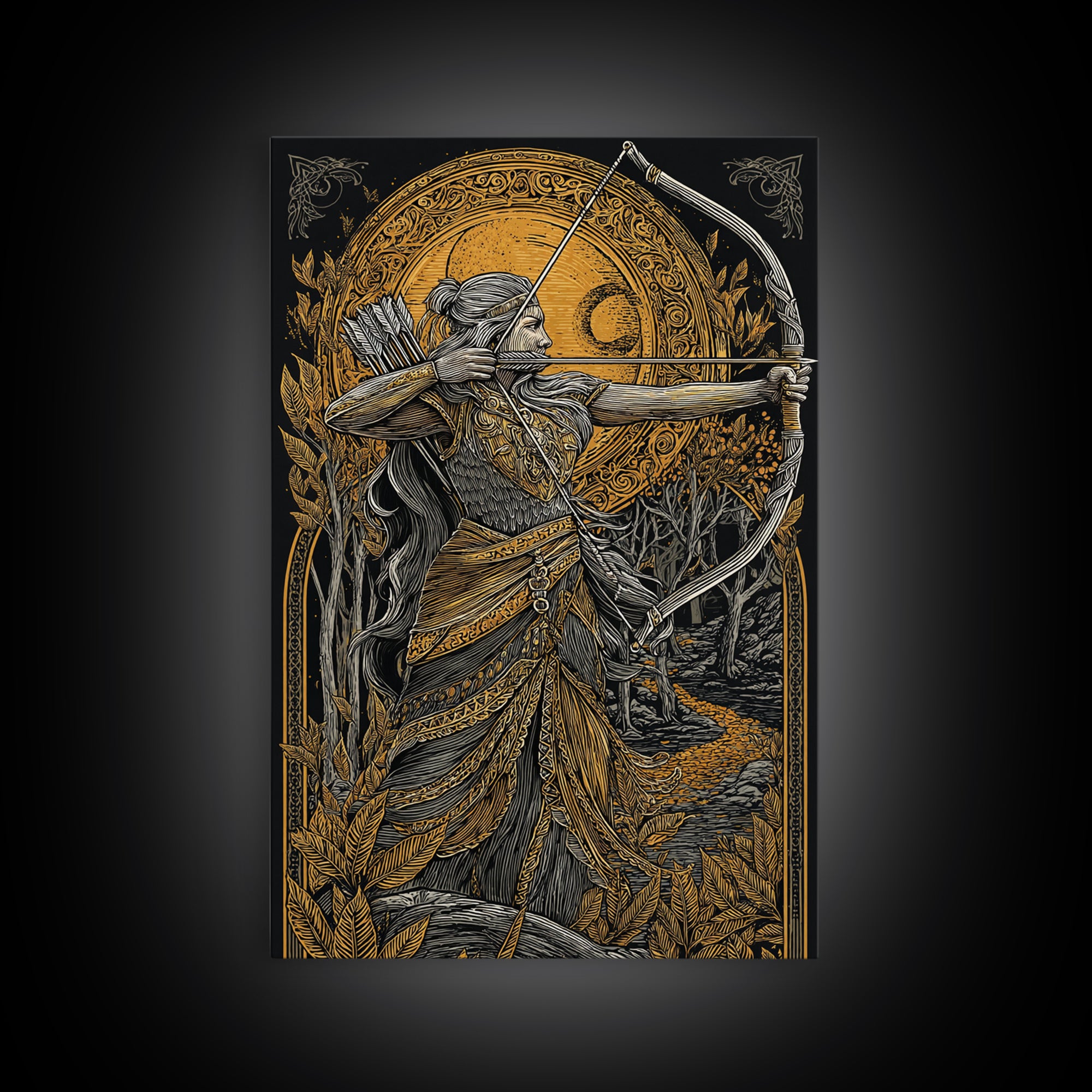 Artemis Moonlit Huntress With Bow, Canvas Gold Art, Real Wood Framed Print, Greek Goddess Wall Decor, Mythology Artwork