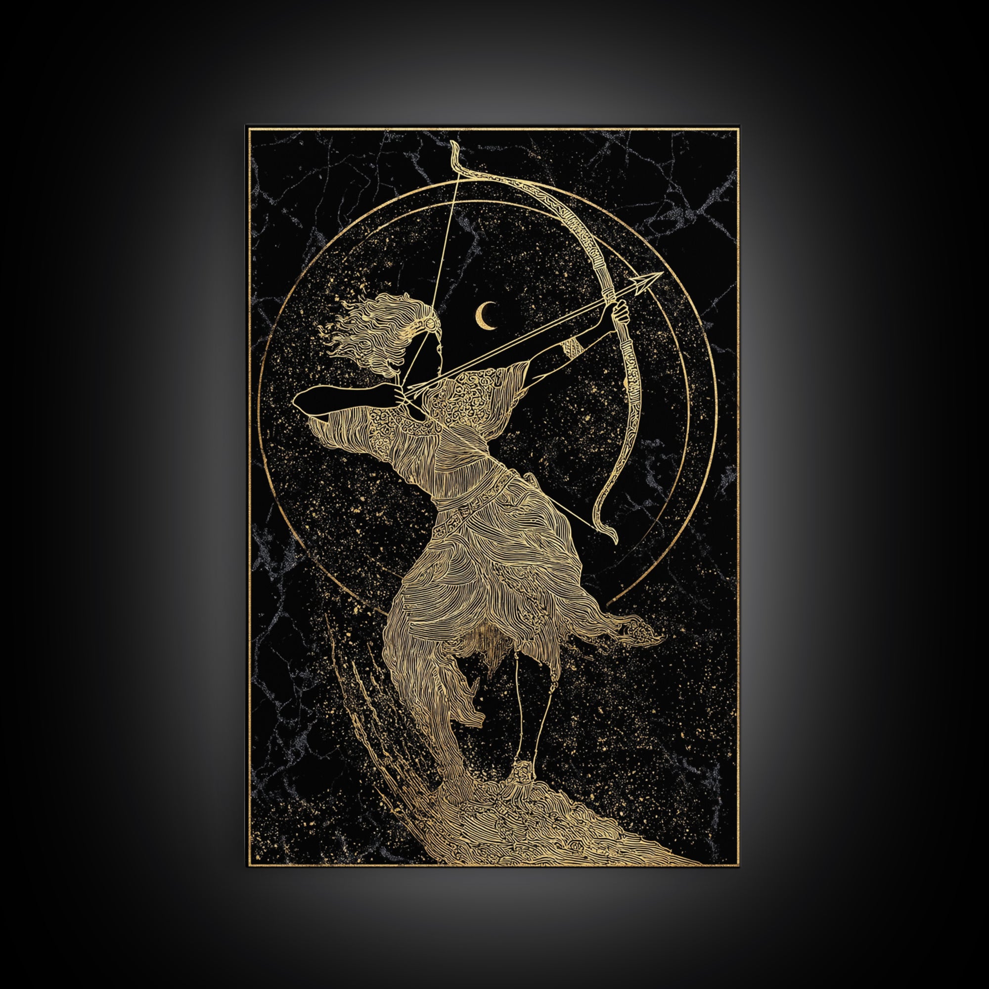 Divine Archer Artemis Illustration, Canvas Gold Canvas Print, Real Wood Frame, Greek Goddess Wall Hanging, Myth Art Decor