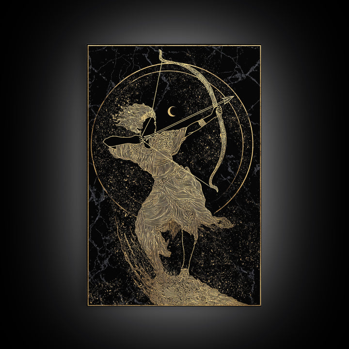 Divine Archer Artemis Illustration, Canvas Gold Canvas Print, Real Wood Frame, Greek Goddess Wall Hanging, Myth Art Decor