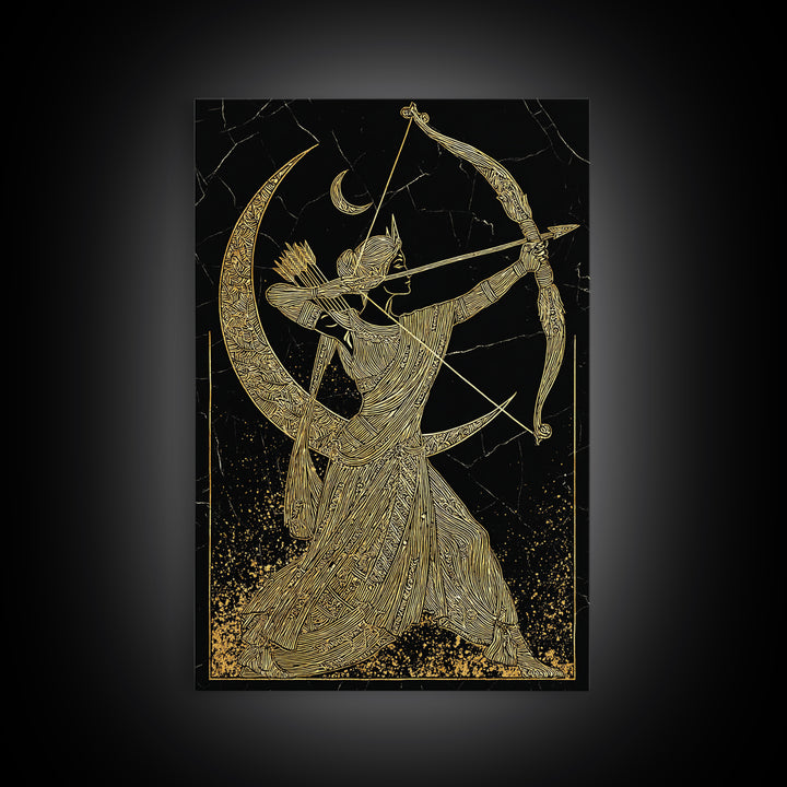 Artemis Lunar Goddess Archery Scene, Canvas Gold Art Print, Real Wood Frame, Mythology Wall Art, Elegant Greek Decor