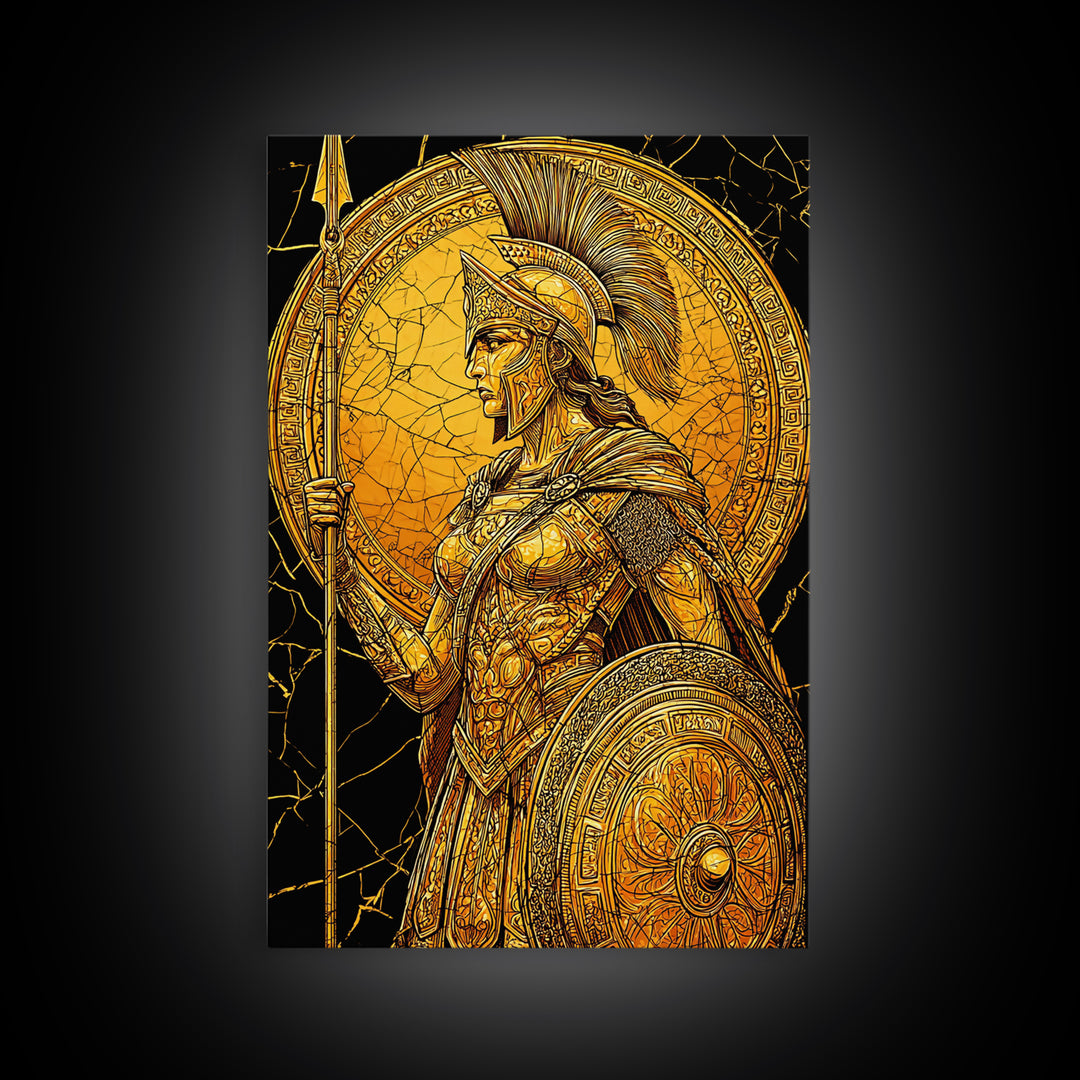 Athena Warrior Goddess With Spear And Shield, Canvas Gold Canvas Print, Real Wood Frame, Greek Myth Wall Art, Strength Decor