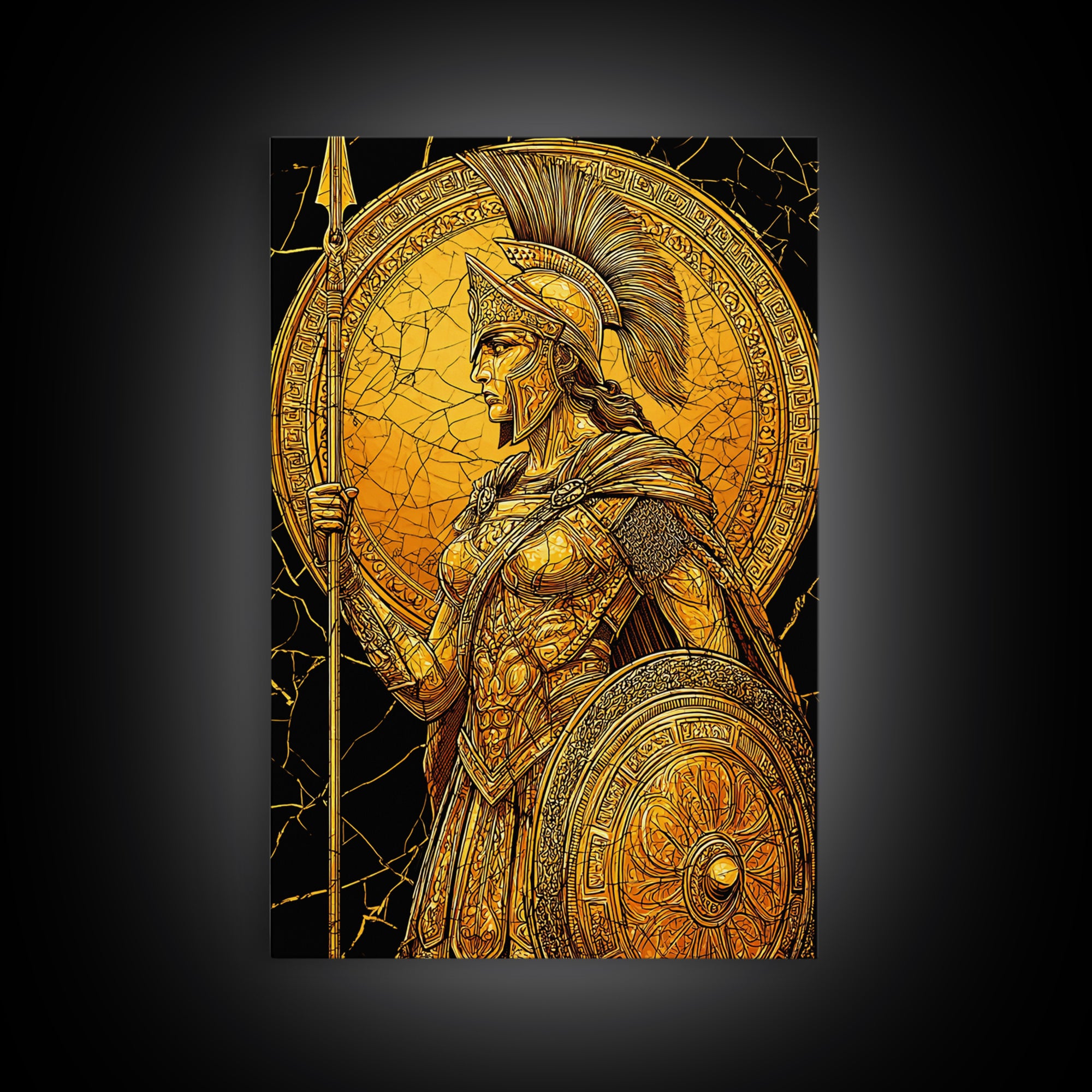 Athena Warrior Goddess With Spear And Shield, Canvas Gold Canvas Print, Real Wood Frame, Greek Myth Wall Art, Strength Decor