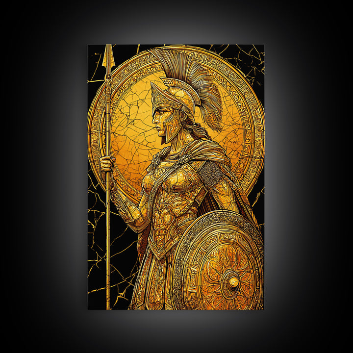 Athena Warrior Goddess With Spear And Shield, Canvas Gold Canvas Print, Real Wood Frame, Greek Myth Wall Art, Strength Decor