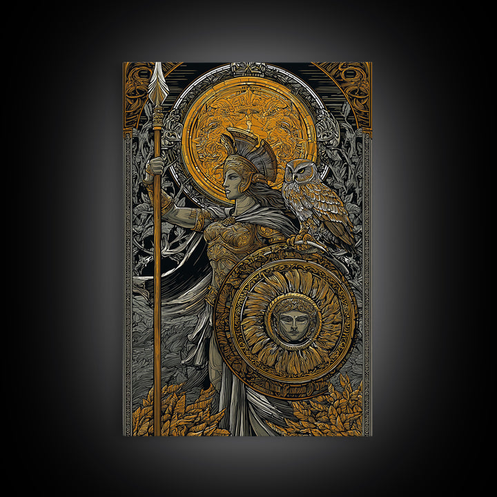 Athena With Owl Wisdom Goddess Art, Canvas Gold Art Print, Real Wood Frame, Greek Mythology Wall Hanging, Protection Decor