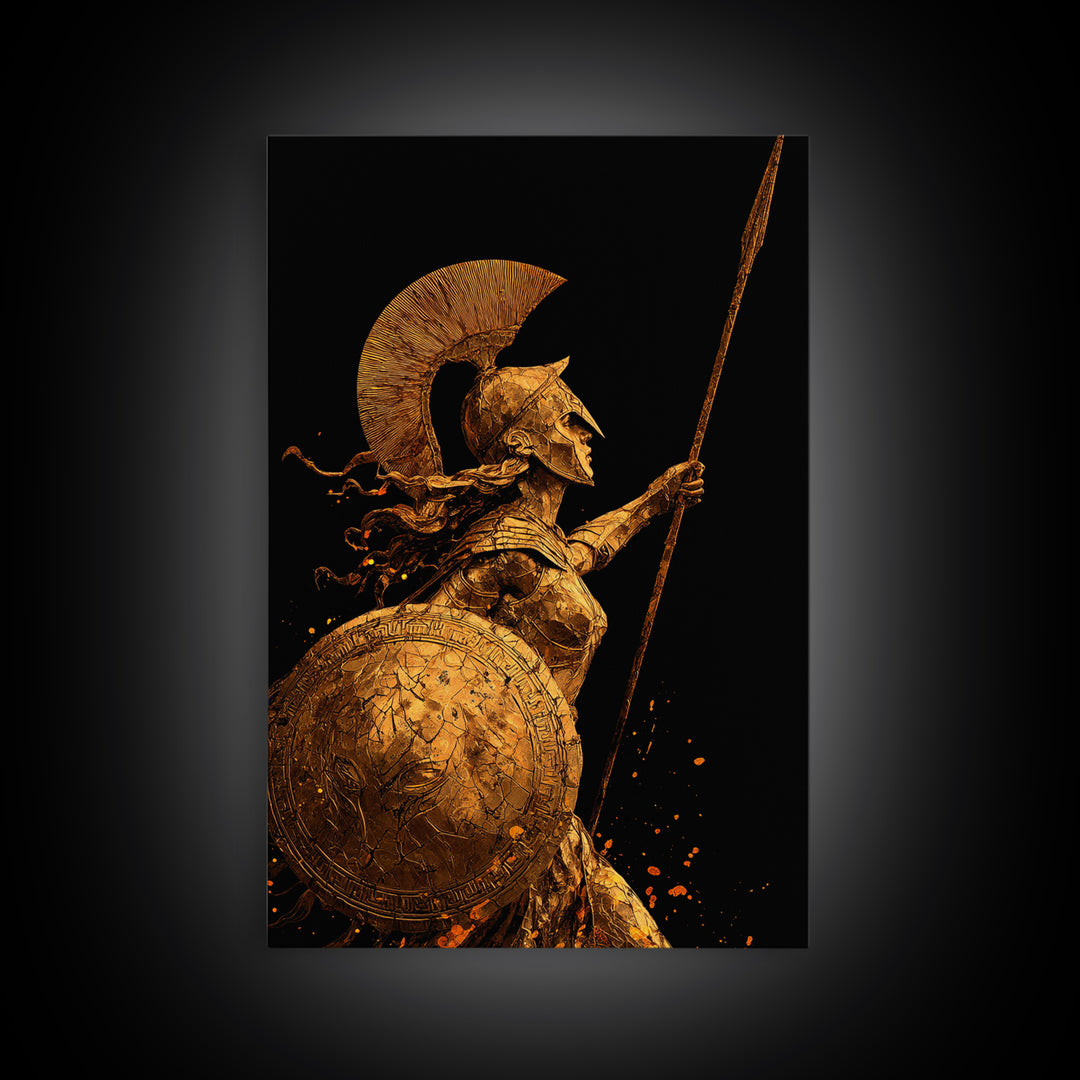 Athena Warrior Goddess With Spear And Shield, Canvas Gold Canvas Print, Real Wood Frame, Greek Mythology Wall Art