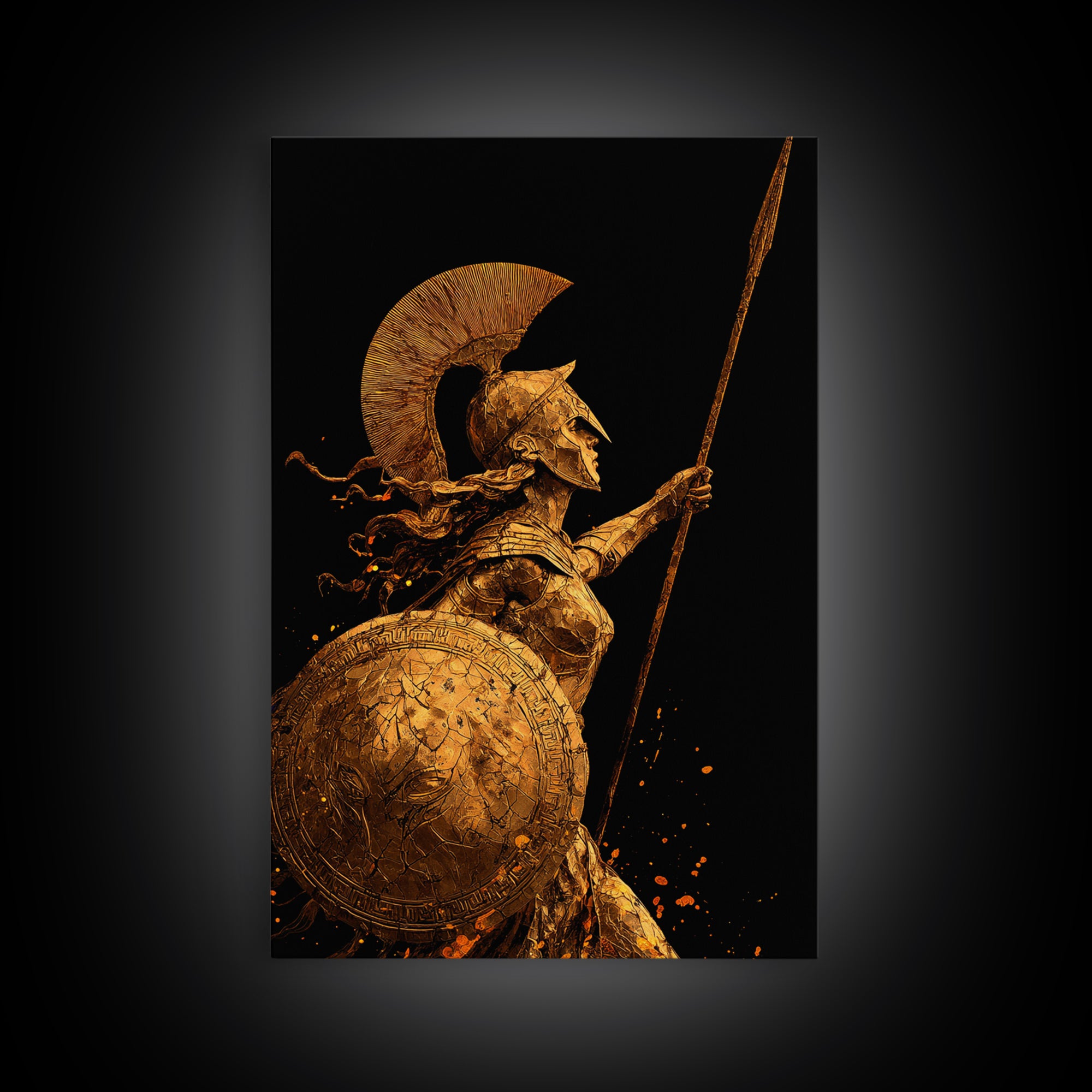 Athena Warrior Goddess With Spear And Shield, Canvas Gold Canvas Print, Real Wood Frame, Greek Mythology Wall Art