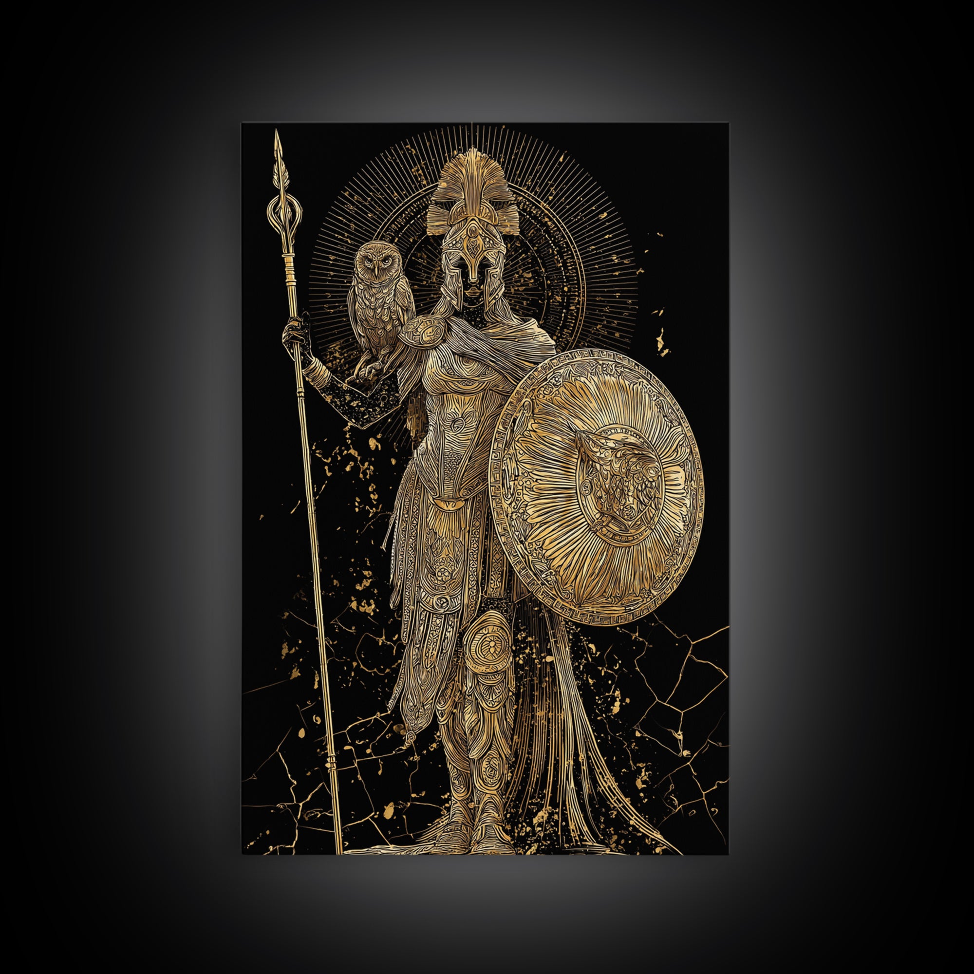 Athena With Owl And Shield Of Wisdom, Canvas Gold Art Print, Real Wood Frame, Ancient Greek Mythology Warrior Decor