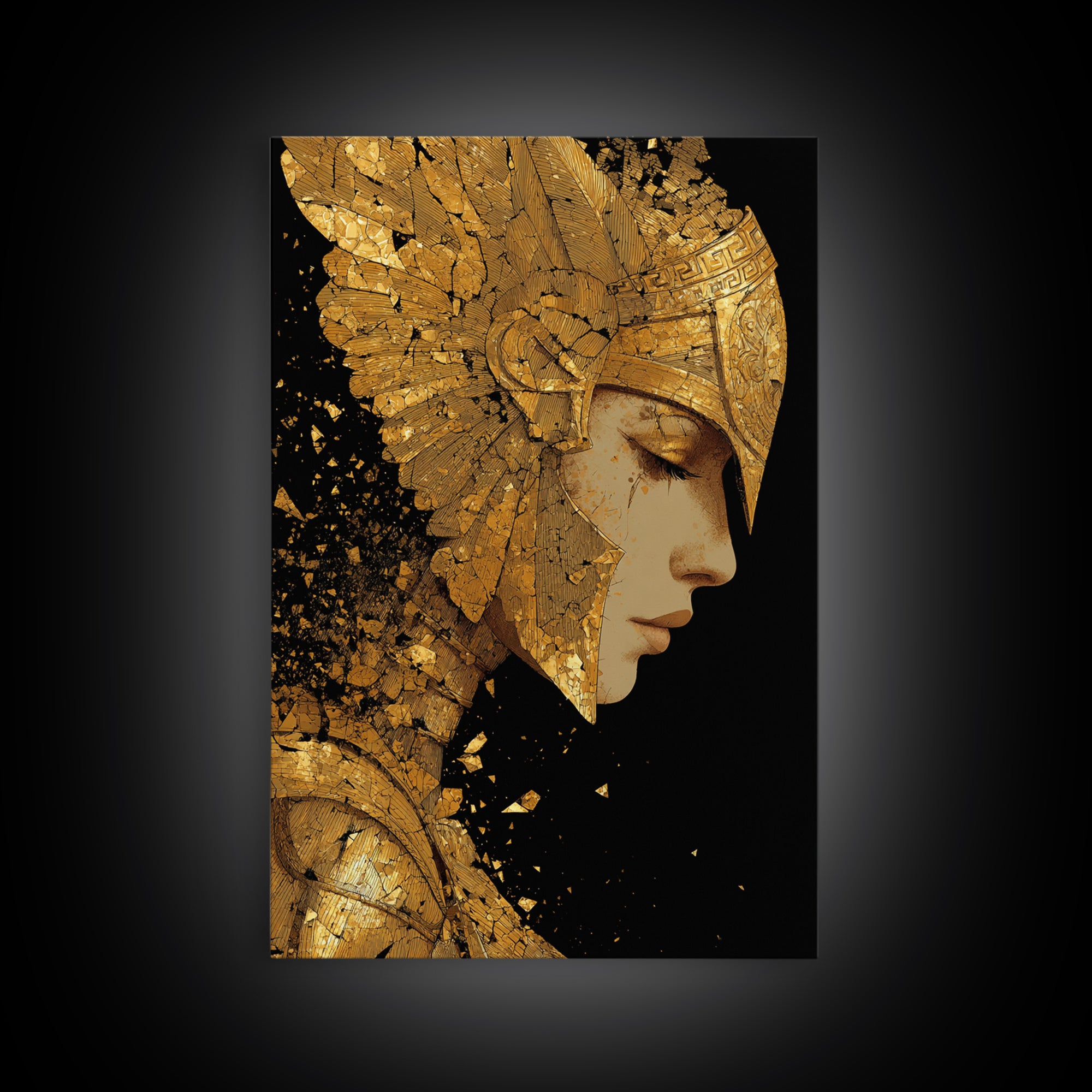 Athena Close Up Portrait In Armor, Canvas Gold Canvas Print, Real Wood Frame, Greek Goddess Warrior Mythology Wall Art