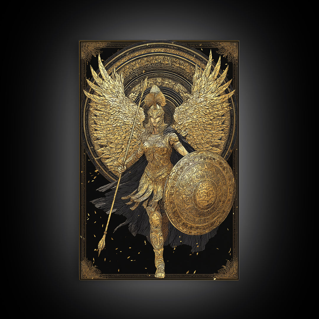 Athena Winged Warrior Goddess With Shield, Canvas Gold Art Print, Real Wood Frame, Greek Mythology Goddess Wall Decor