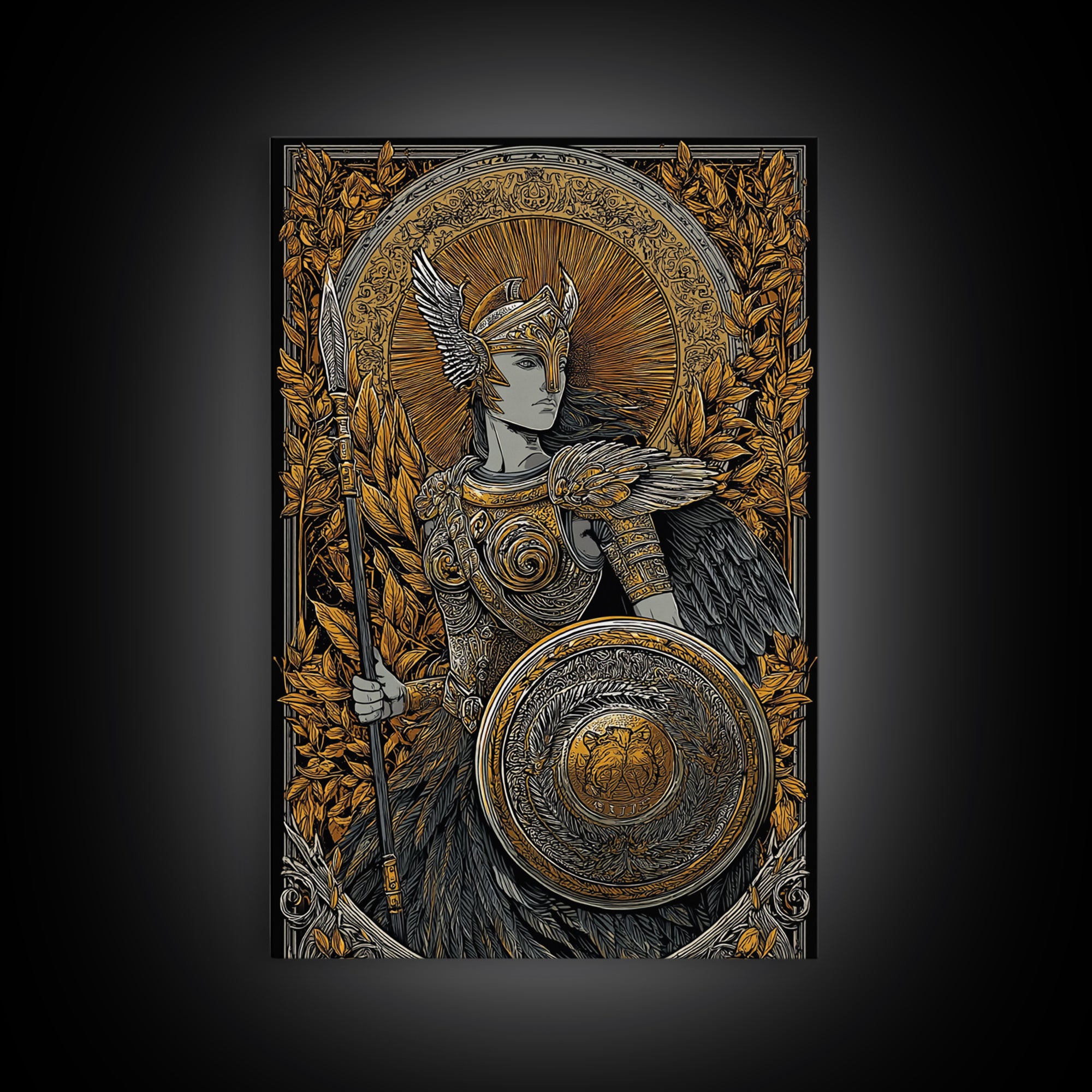 Athena Goddess Of Wisdom With Spear, Canvas Gold Canvas Print, Real Wood Frame, Greek Mythology Warrior Goddess Art