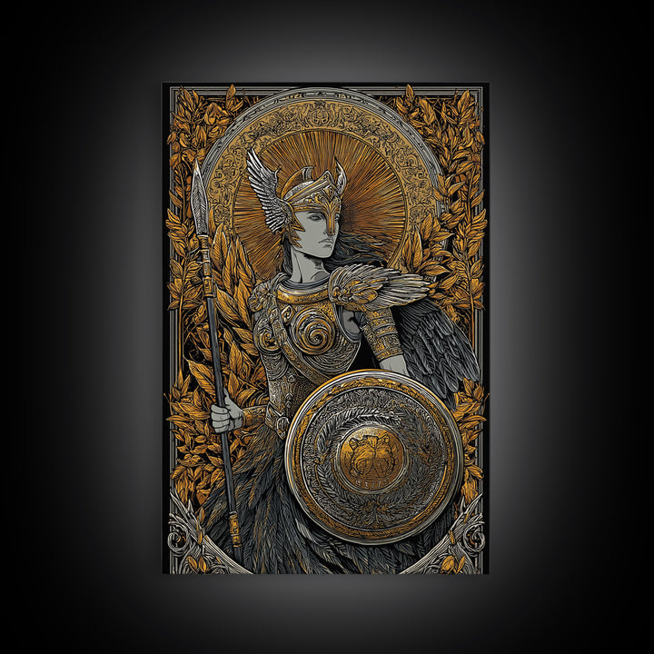 Athena Goddess Of Wisdom With Spear, Canvas Gold Canvas Print, Real Wood Frame, Greek Mythology Warrior Goddess Art