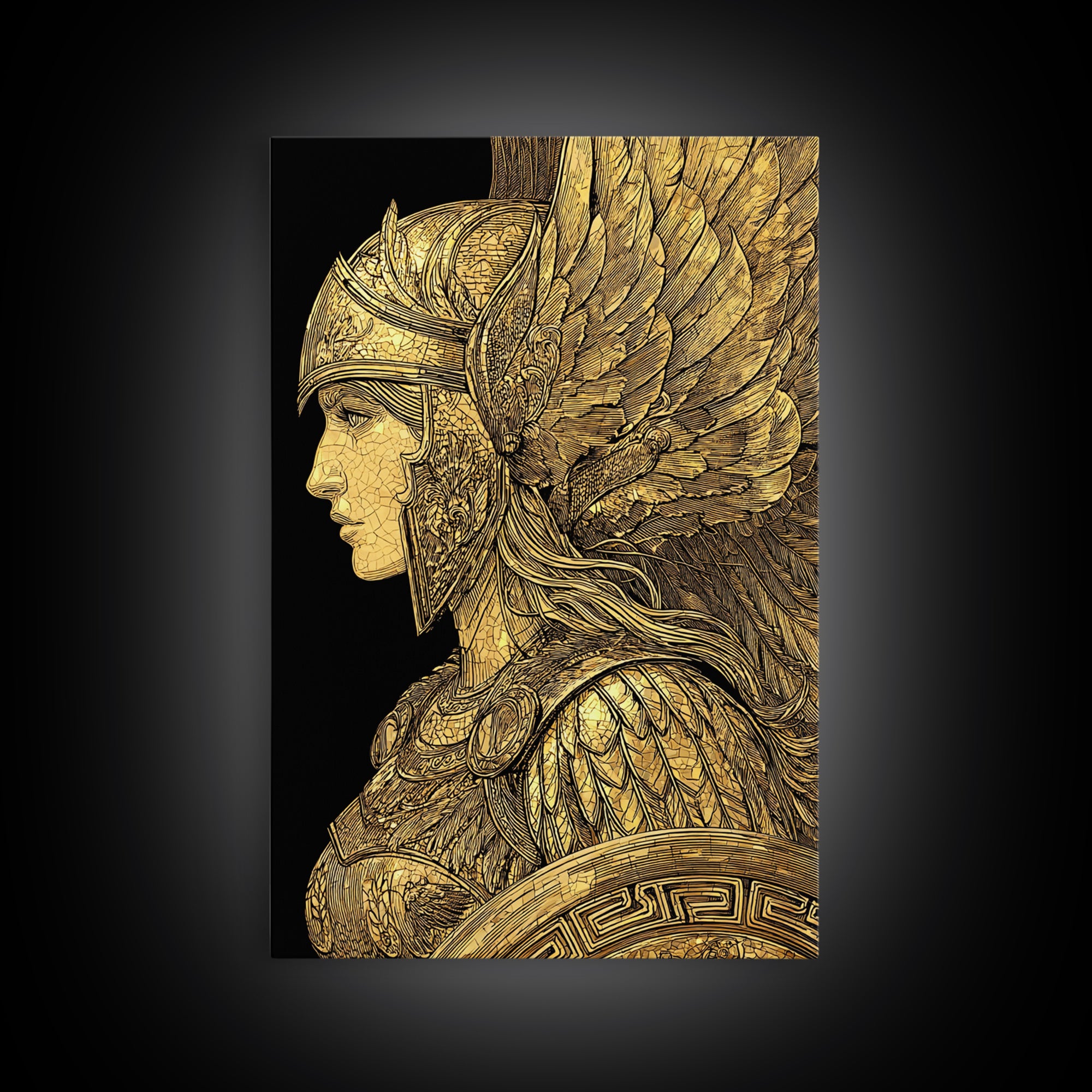 Athena Warrior Goddess Profile With Wings, Canvas Gold Art Print, Real Wood Frame, Greek Mythology Goddess Wall Art