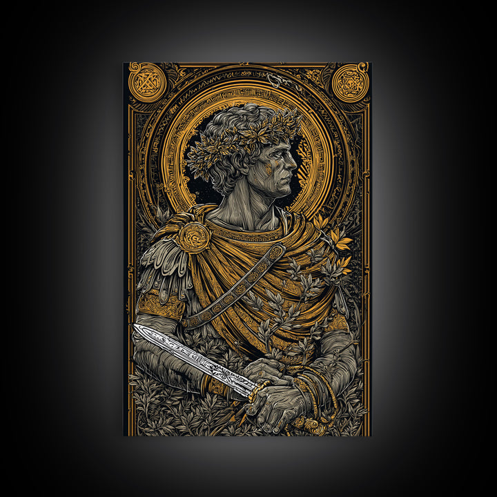 Brutus Stoic Roman General With Sword, Canvas Gold Canvas Print, Real Wood Frame, Ancient Roman History Philosopher Art