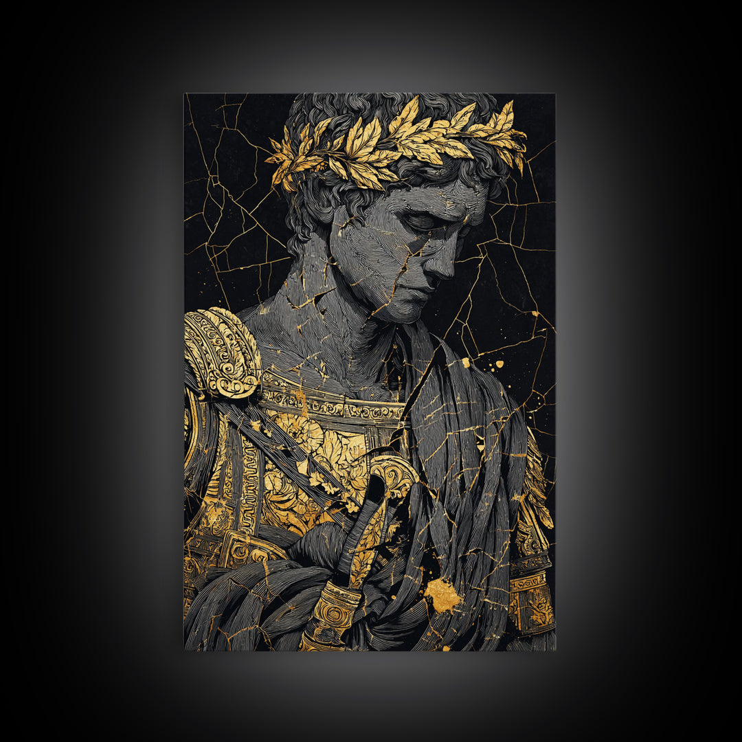Roman Emperor Bust With Laurel Crown, Canvas Gold Canvas Print, Classical Sculpture Wall Art, Real Wood Frame Home Decor