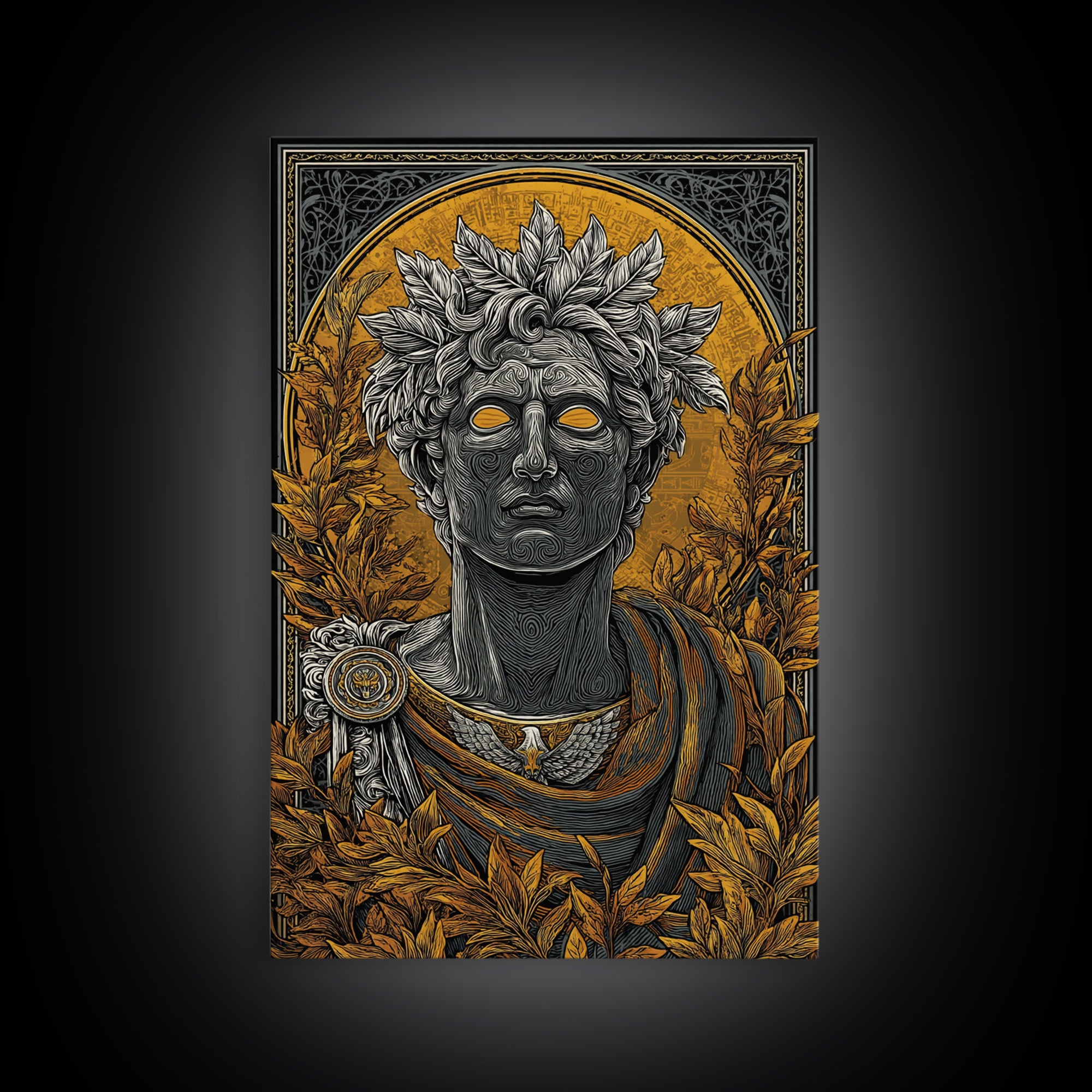 Apollo God Bust Surrounded By Laurel Leaves, Canvas Gold Art Print, Greek Mythology Wall Decor, Real Wood Frame Artwork