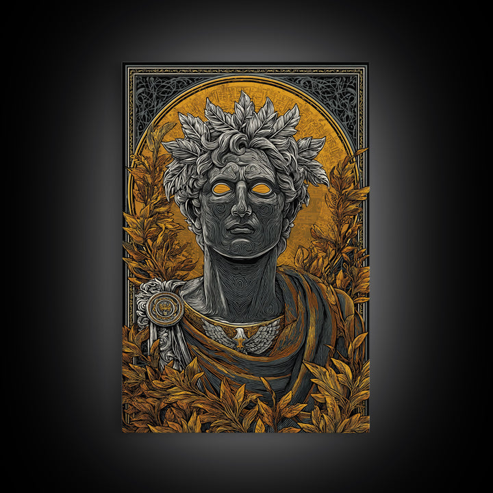 Apollo God Bust Surrounded By Laurel Leaves, Canvas Gold Art Print, Greek Mythology Wall Decor, Real Wood Frame Artwork
