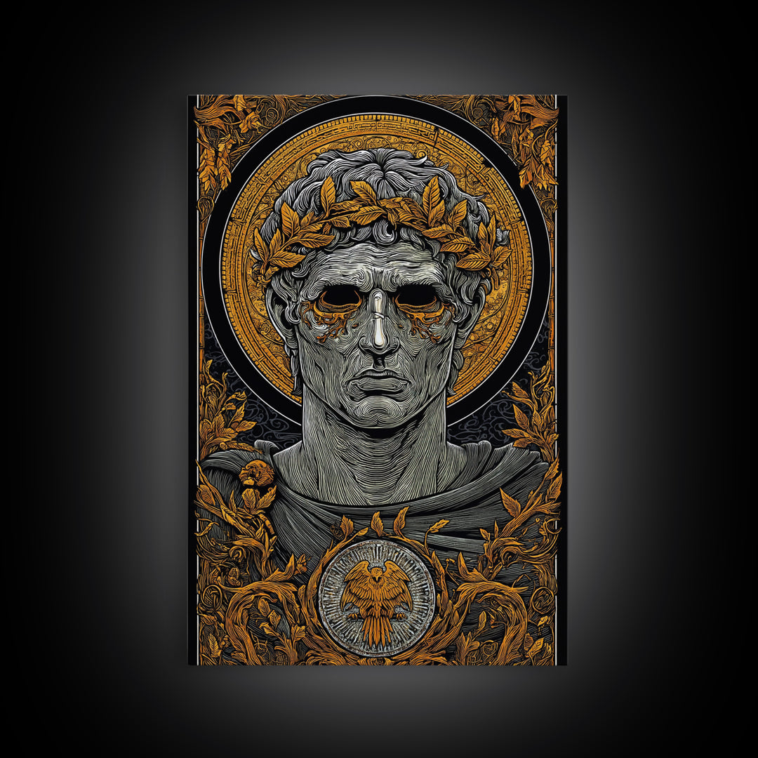 Caesar Inspired Roman Bust, Canvas Gold Canvas Print, Ancient Rome Decorative Wall Art, Mythology Style, Real Wood Frame