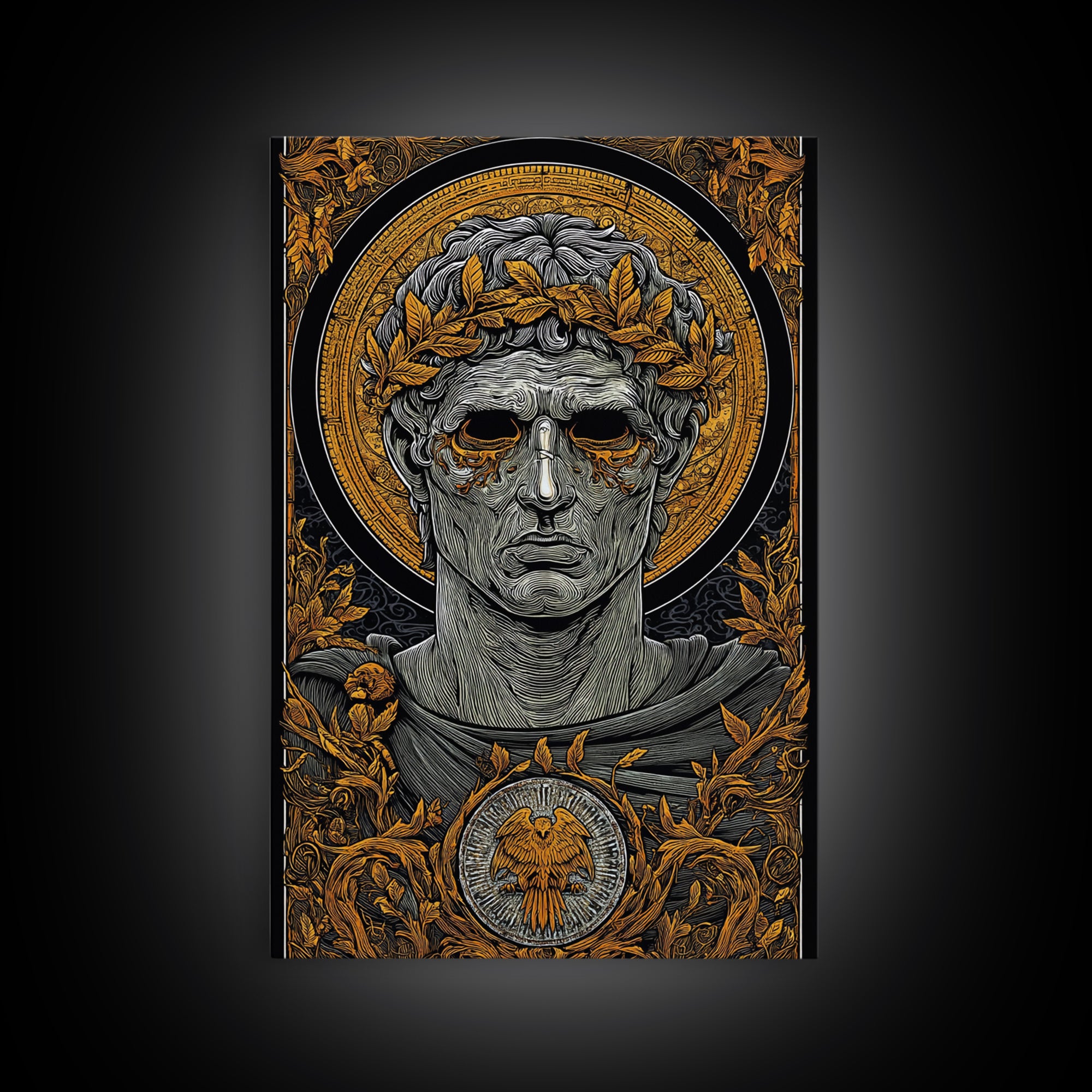 Caesar Inspired Roman Bust, Canvas Gold Canvas Print, Ancient Rome Decorative Wall Art, Mythology Style, Real Wood Frame