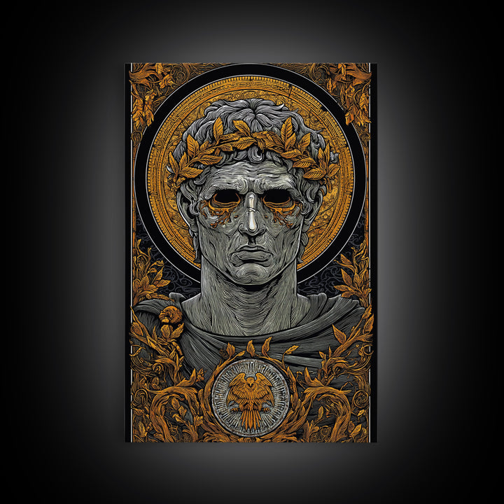 Caesar Inspired Roman Bust, Canvas Gold Canvas Print, Ancient Rome Decorative Wall Art, Mythology Style, Real Wood Frame