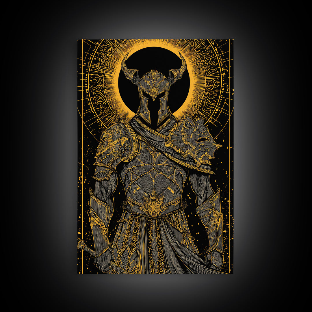 Warrior In Ornate Armor With Glowing Halo, Canvas Gold Canvas Print, Medieval Fantasy Knight Artwork, Real Wood Frame Decor