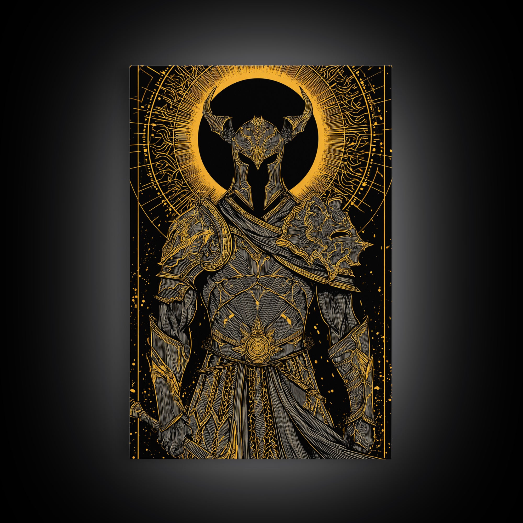 Warrior In Ornate Armor With Glowing Halo, Canvas Gold Canvas Print, Medieval Fantasy Knight Artwork, Real Wood Frame Decor