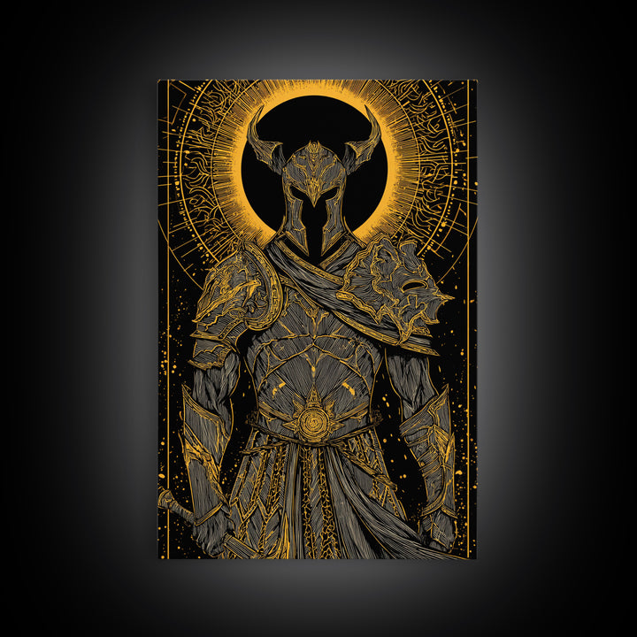 Warrior In Ornate Armor With Glowing Halo, Canvas Gold Canvas Print, Medieval Fantasy Knight Artwork, Real Wood Frame Decor