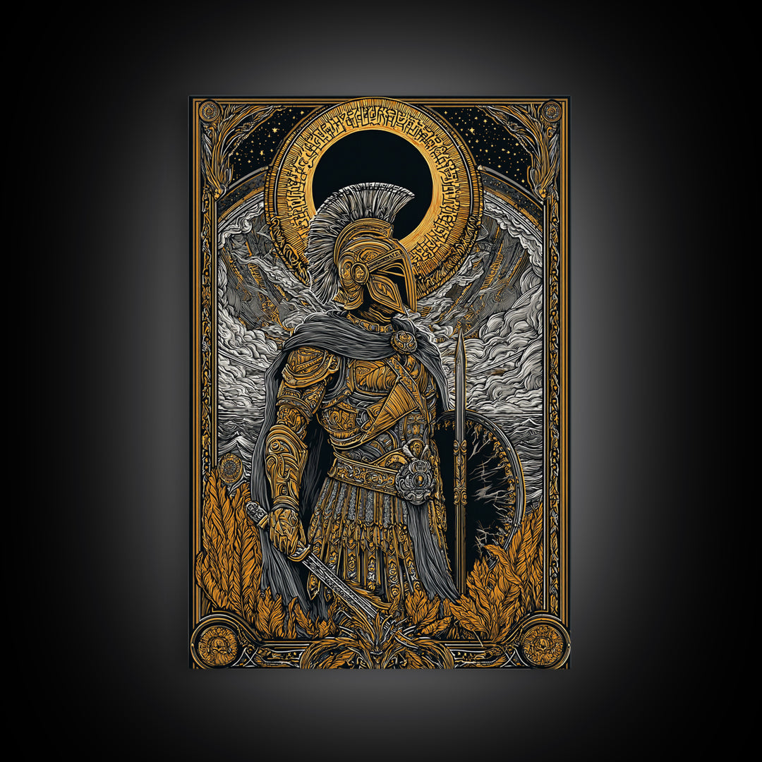Greek Hoplite Soldier With Shield And Sword, Canvas Gold Art Print, Mythology Inspired Wall Decor, Real Wood Frame Design