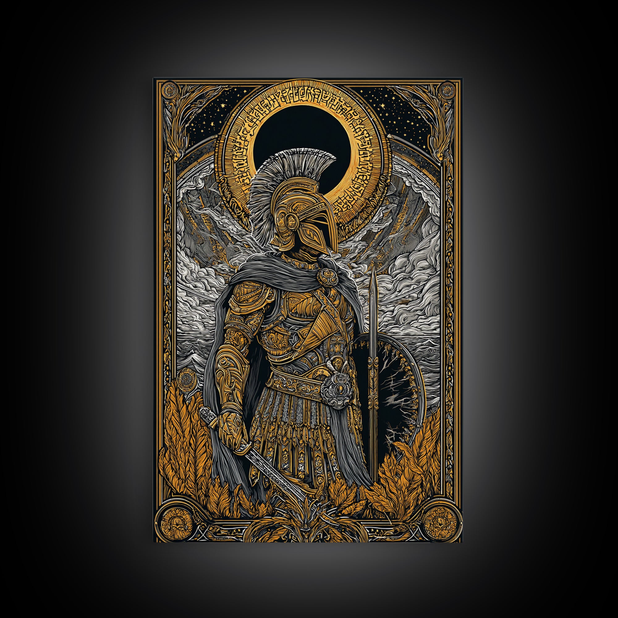 Greek Hoplite Soldier With Shield And Sword, Canvas Gold Art Print, Mythology Inspired Wall Decor, Real Wood Frame Design