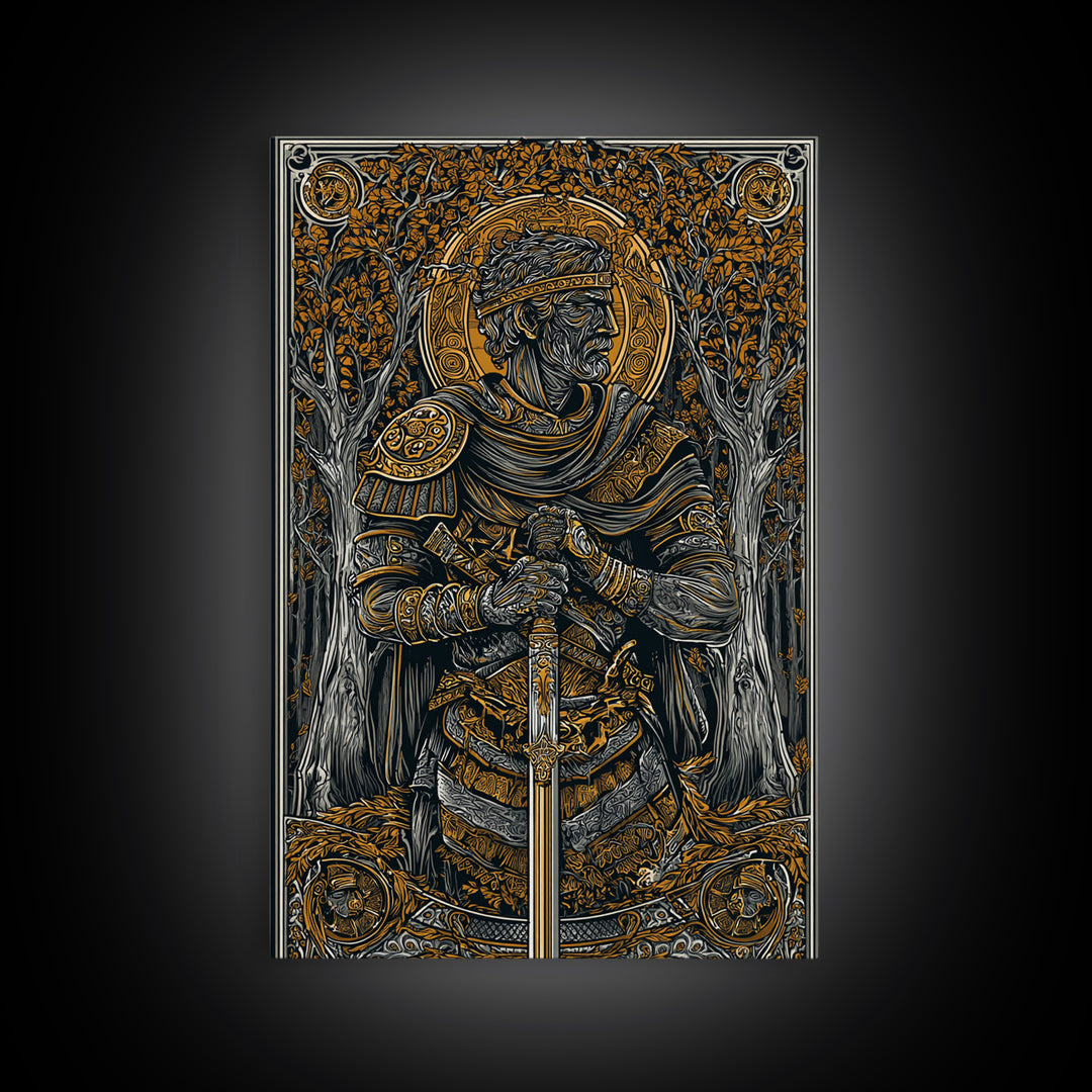 King With Sword In Ornate Armor, Canvas Gold Canvas Print, Medieval Mythology Warrior Wall Art, Real Wood Frame Decoration