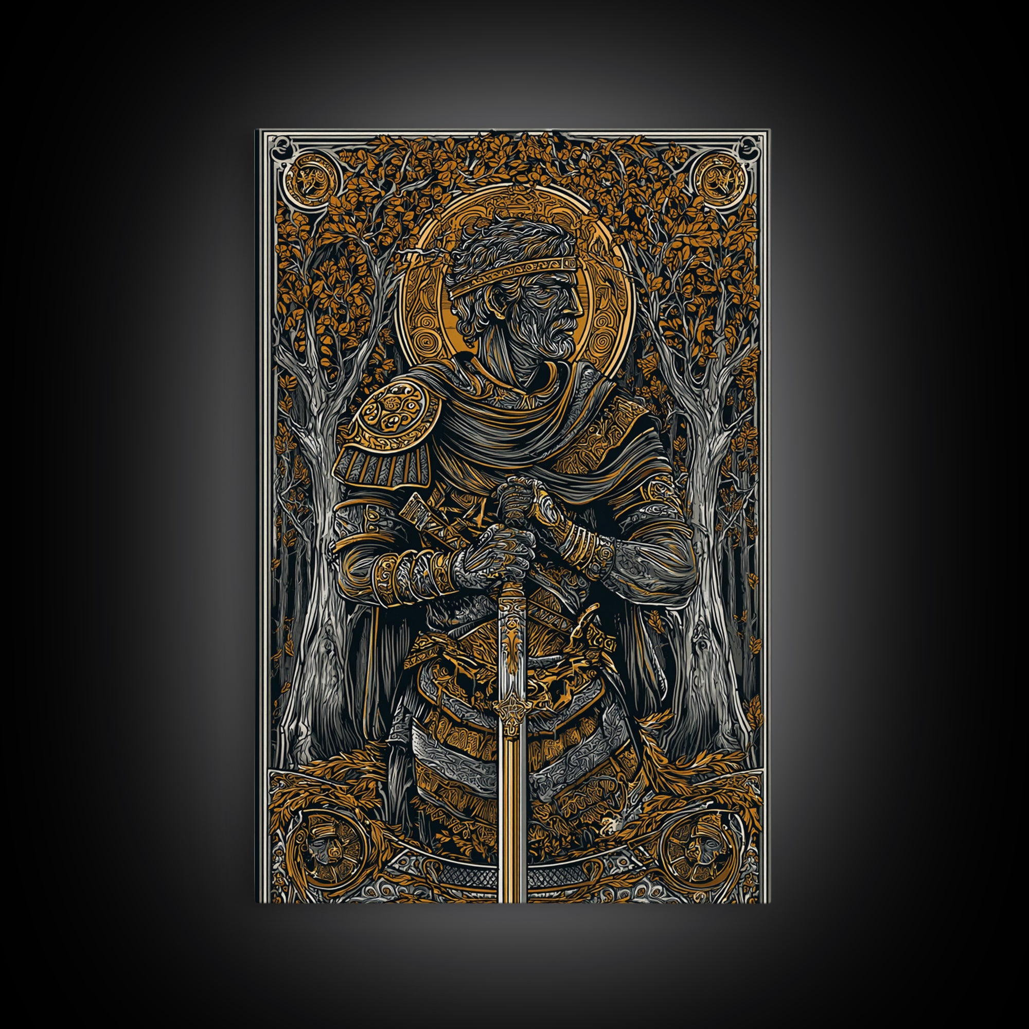 King With Sword In Ornate Armor, Canvas Gold Canvas Print, Medieval Mythology Warrior Wall Art, Real Wood Frame Decoration