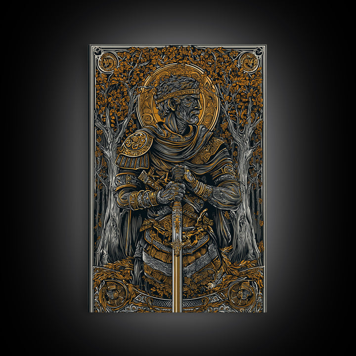 King With Sword In Ornate Armor, Canvas Gold Canvas Print, Medieval Mythology Warrior Wall Art, Real Wood Frame Decoration