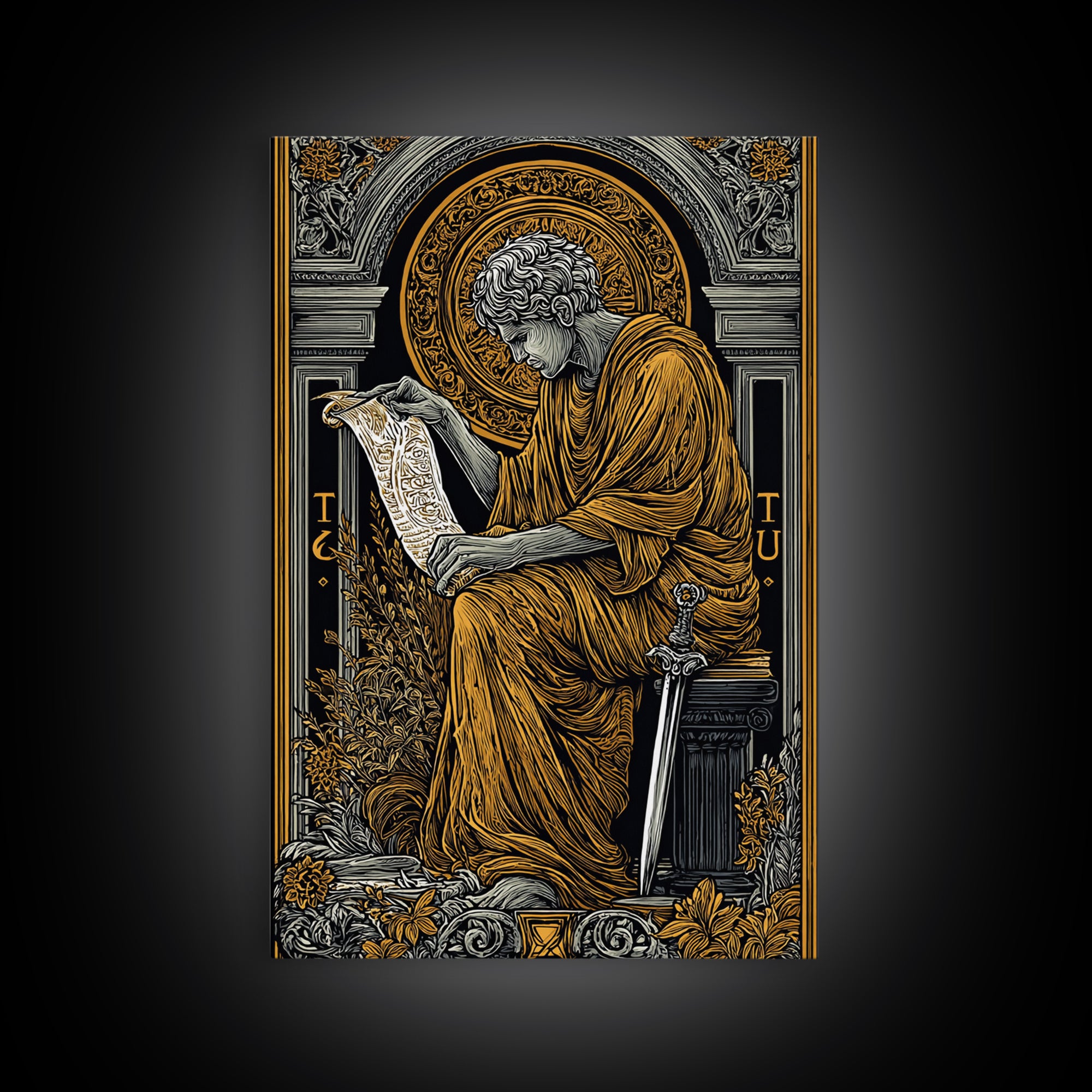 Scholar Reading Ancient Scroll, Canvas Gold Art Print, Roman Inspired Decorative Wall Art, Mythology Style, Real Wood Frame