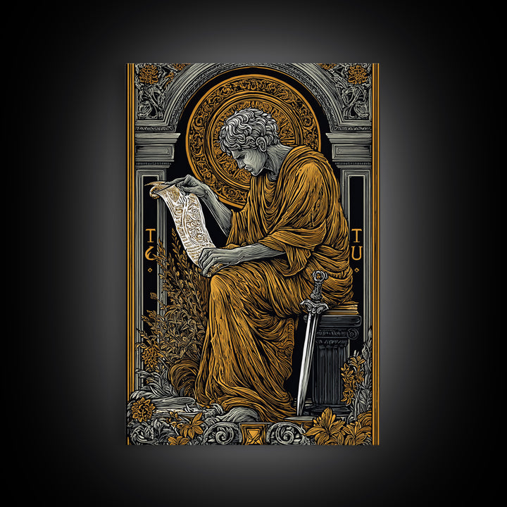 Scholar Reading Ancient Scroll, Canvas Gold Art Print, Roman Inspired Decorative Wall Art, Mythology Style, Real Wood Frame