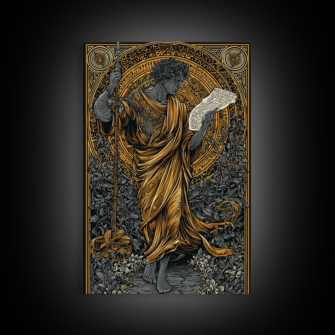 Philosopher Holding Spear And Scroll, Canvas Gold Canvas Print, Classical Greek Wall Art, Mythology Inspired, Real Wood Frame