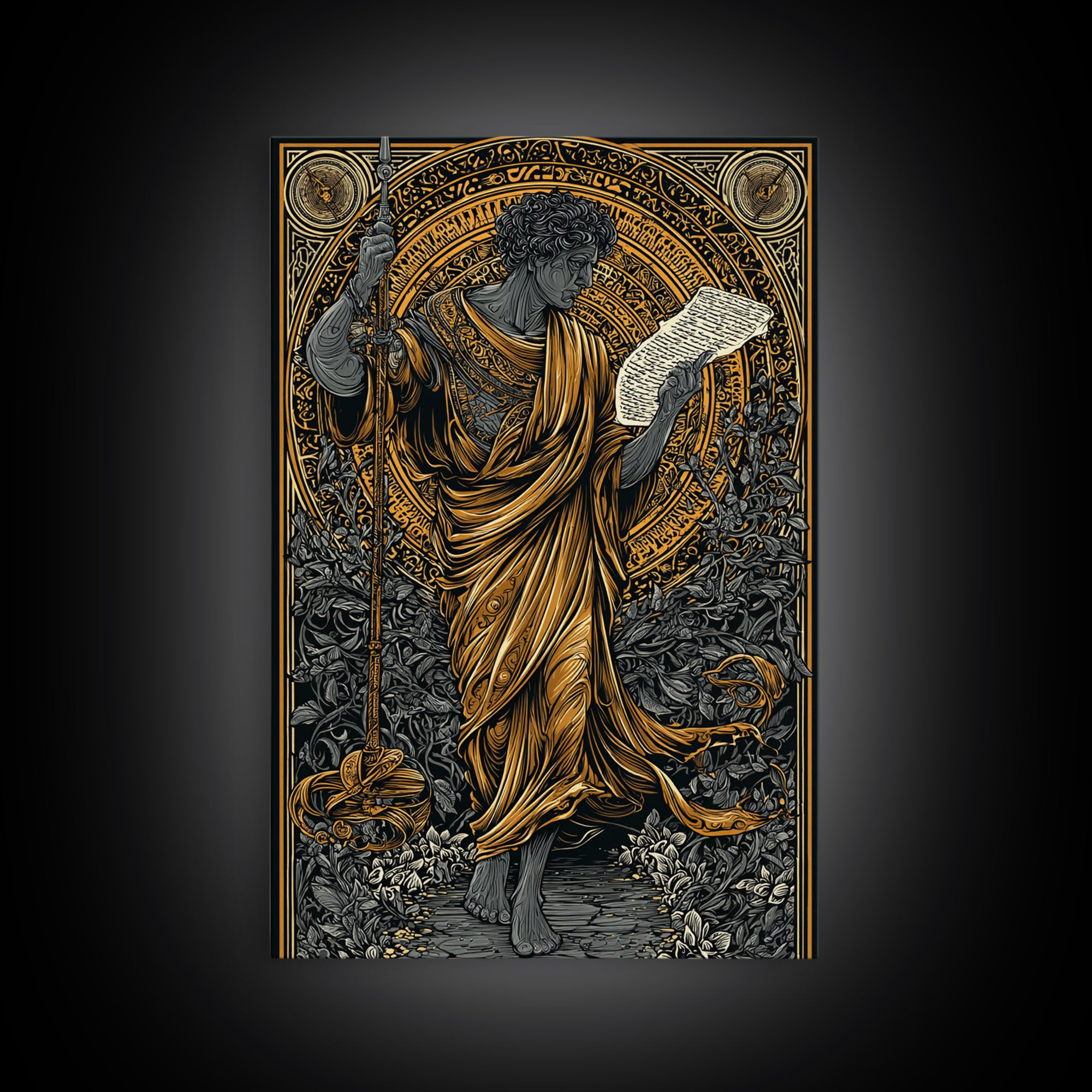 Philosopher Holding Spear And Scroll, Canvas Gold Canvas Print, Classical Greek Wall Art, Mythology Inspired, Real Wood Frame