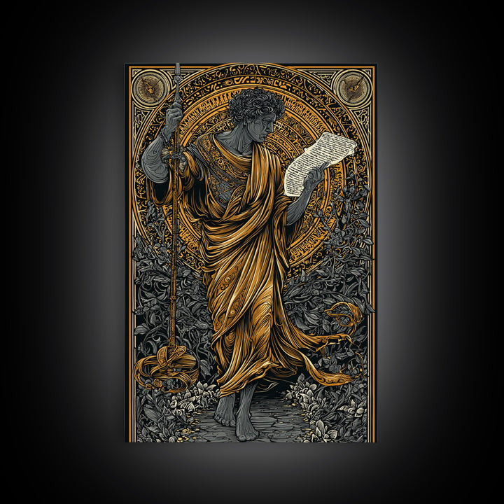 Philosopher Holding Spear And Scroll, Canvas Gold Canvas Print, Classical Greek Wall Art, Mythology Inspired, Real Wood Frame