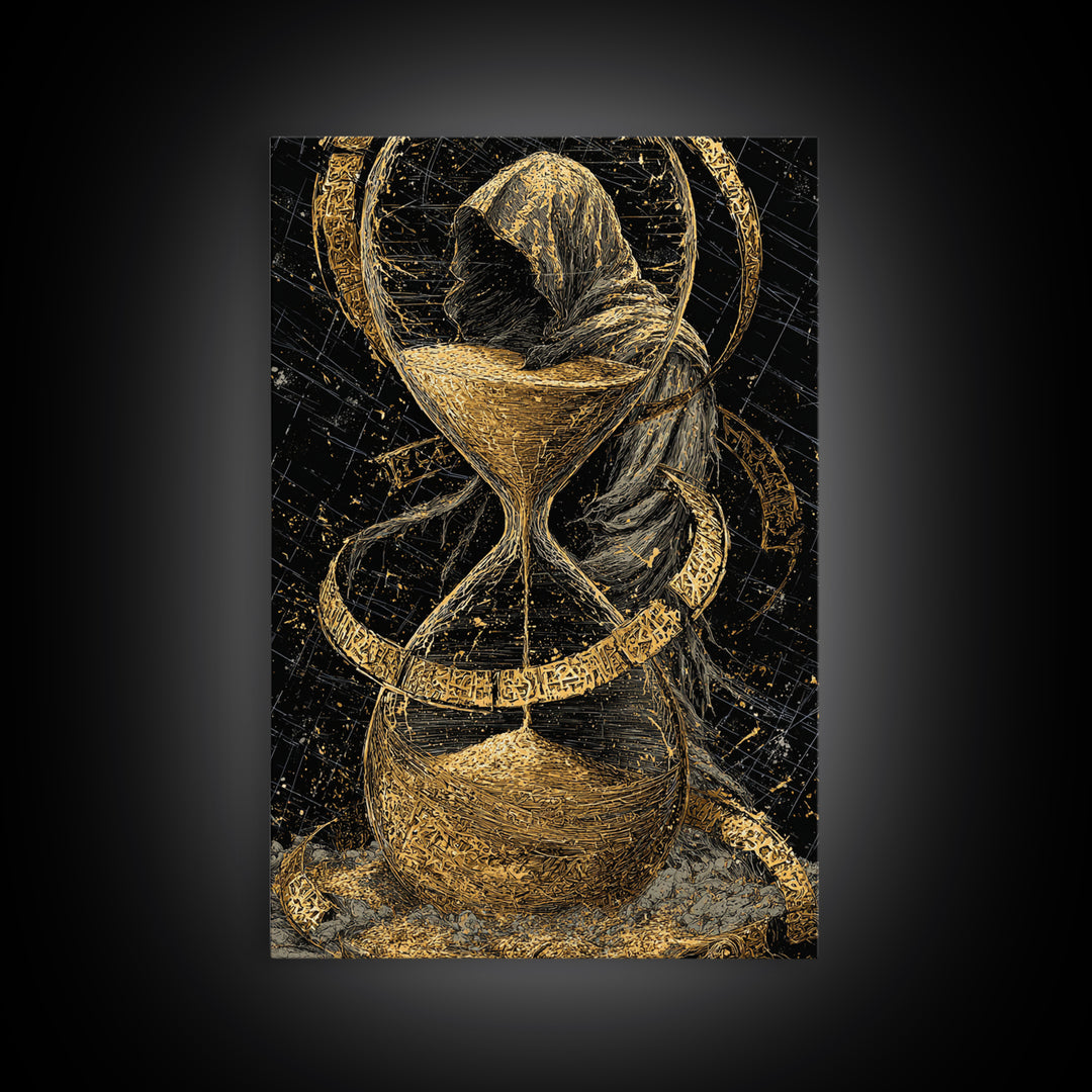 Hooded Figure In Hourglass Timepiece, Canvas Gold Art Print, Mythological Decorative Wall Art, Symbolic Design, Real Wood Frame