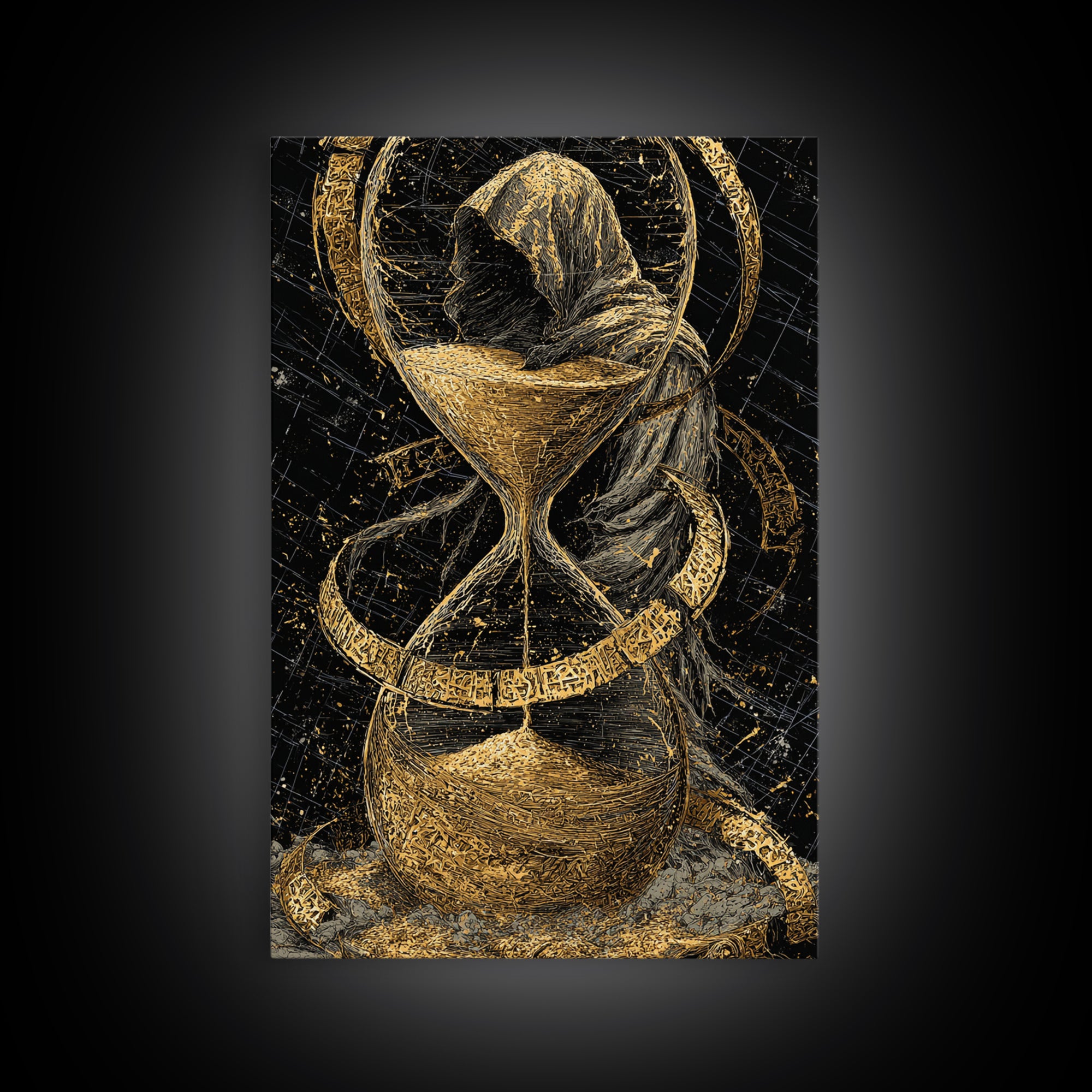 Hooded Figure In Hourglass Timepiece, Canvas Gold Art Print, Mythological Decorative Wall Art, Symbolic Design, Real Wood Frame