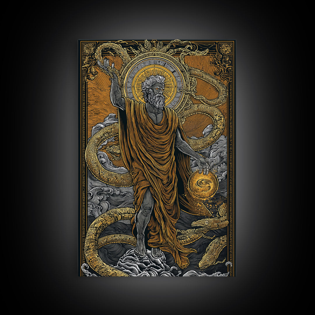 God Of Creation With Ouroboros Serpent, Canvas Gold Canvas Print, Ancient Mythology Decorative Wall Art, Real Wood Frame Artwork