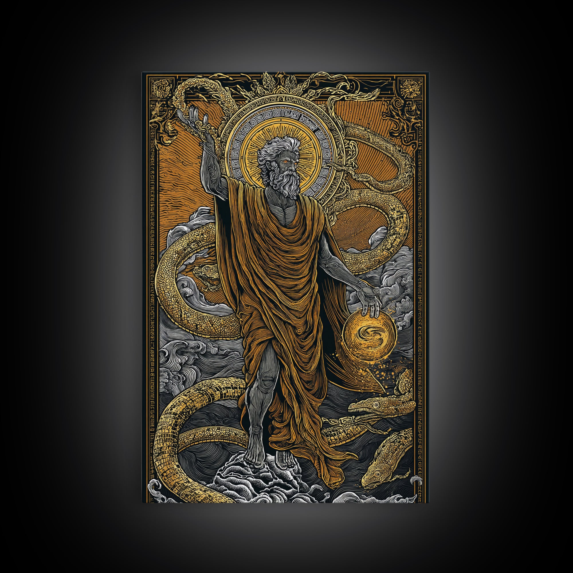 God Of Creation With Ouroboros Serpent, Canvas Gold Canvas Print, Ancient Mythology Decorative Wall Art, Real Wood Frame Artwork