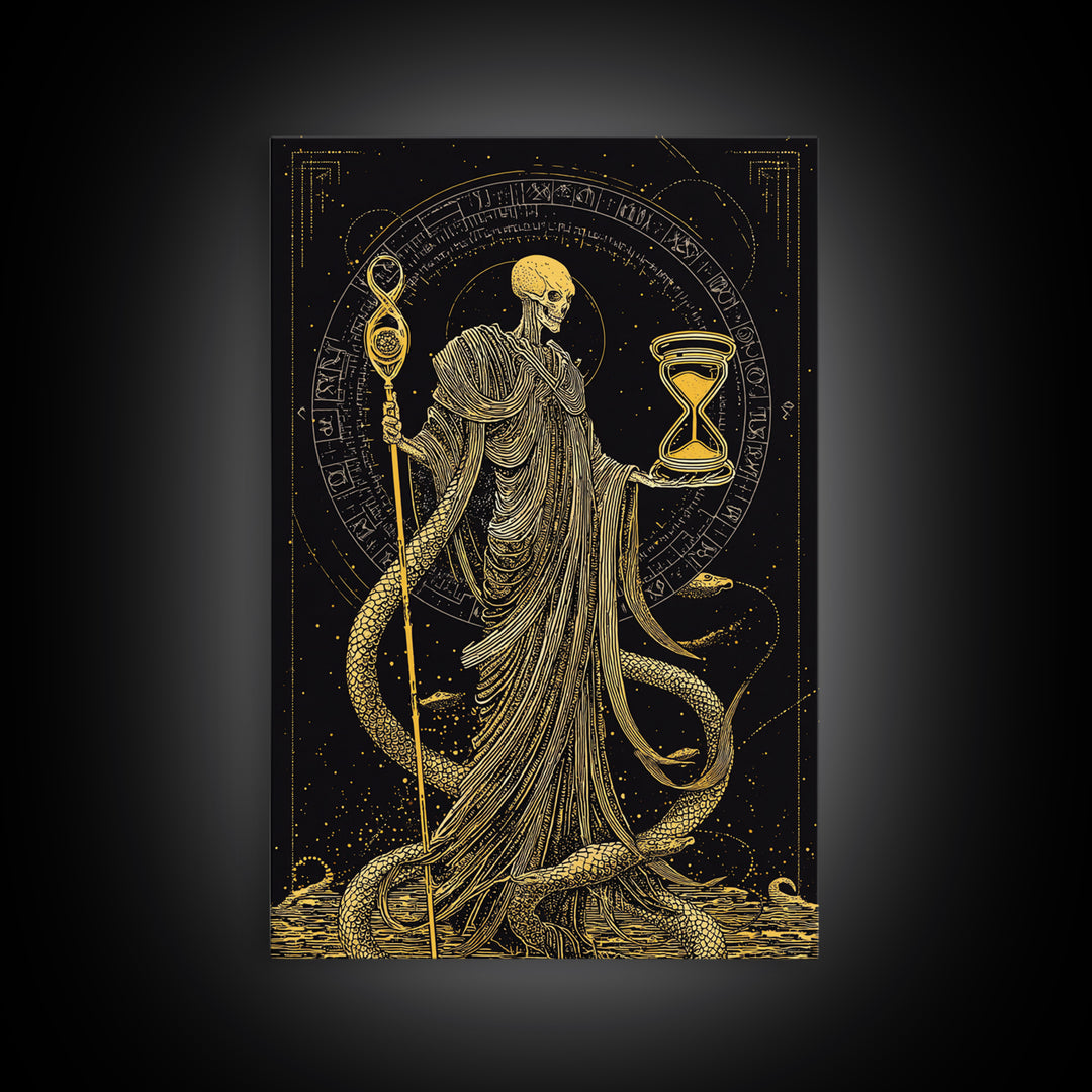 Chronos Canvas Gold Canvas Print, Mythological Skeleton Holding Hourglass, Esoteric Wall Art, Real Wood Framed Artwork