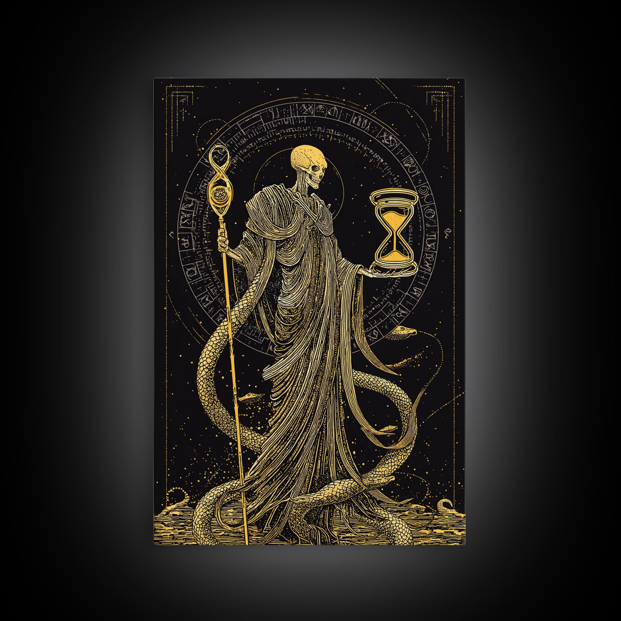 Chronos Canvas Gold Canvas Print, Mythological Skeleton Holding Hourglass, Esoteric Wall Art, Real Wood Framed Artwork