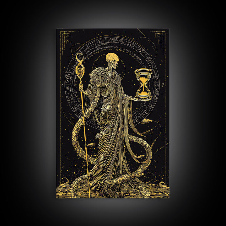 Chronos Canvas Gold Canvas Print, Mythological Skeleton Holding Hourglass, Esoteric Wall Art, Real Wood Framed Artwork
