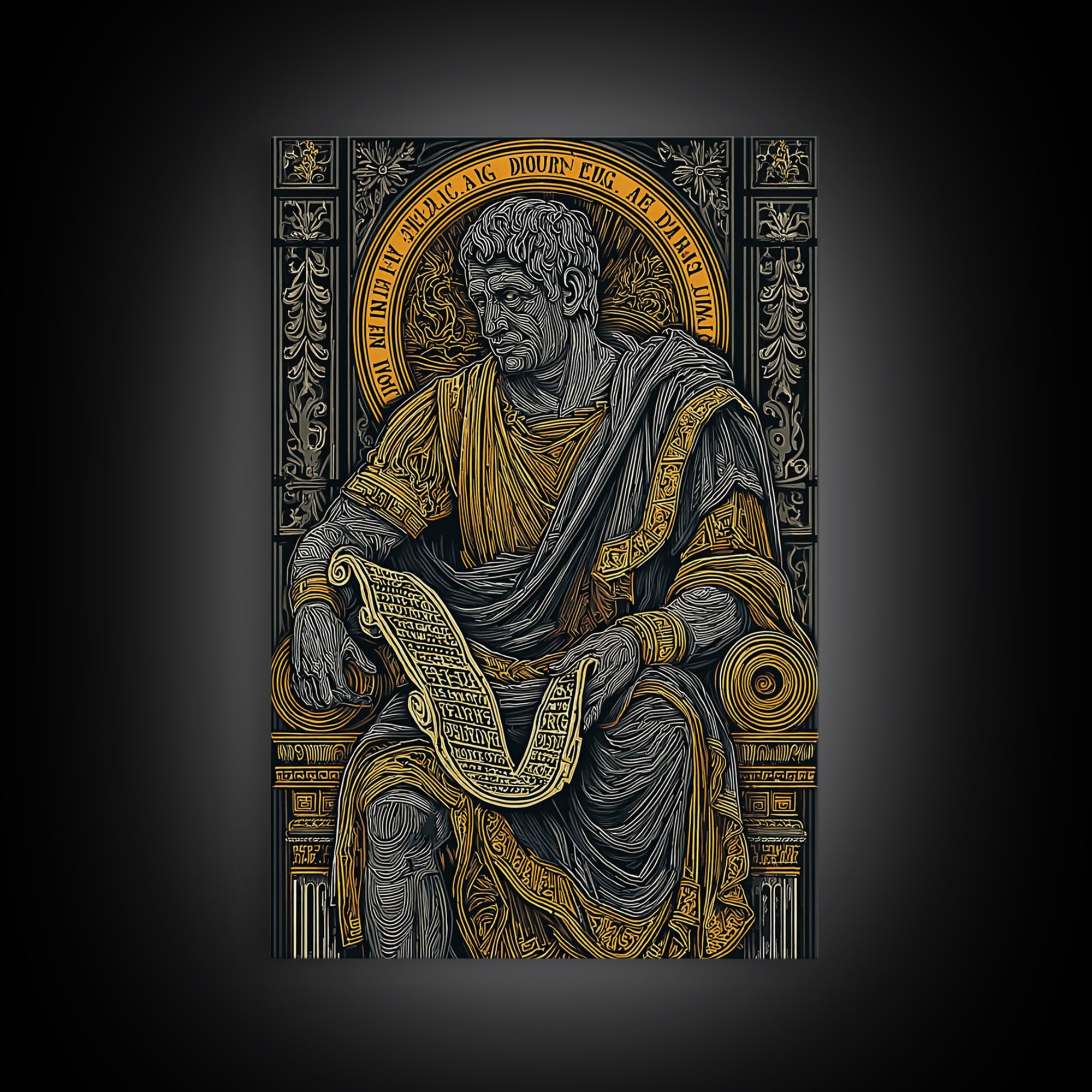 Cicero Canvas Gold Canvas Print, Roman Philosopher Scroll Portrait, Stoic Thinker Artwork, Real Wood Frame Home Decor