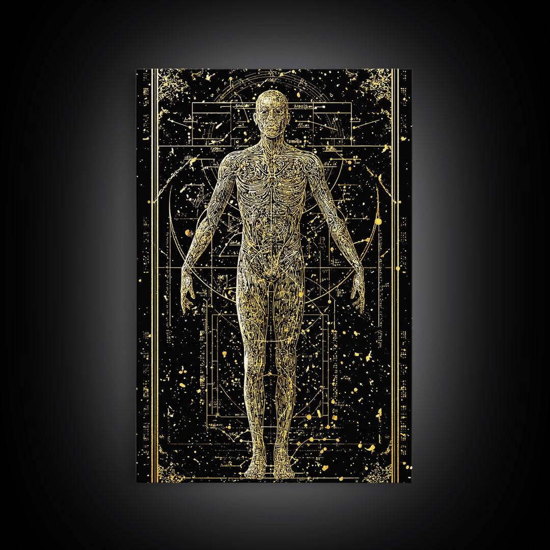 Vitruvian Human Anatomy Canvas Gold Canvas Print, Sacred Geometry Wall Art, Celestial Body Illustration, Real Wood Frame Decor
