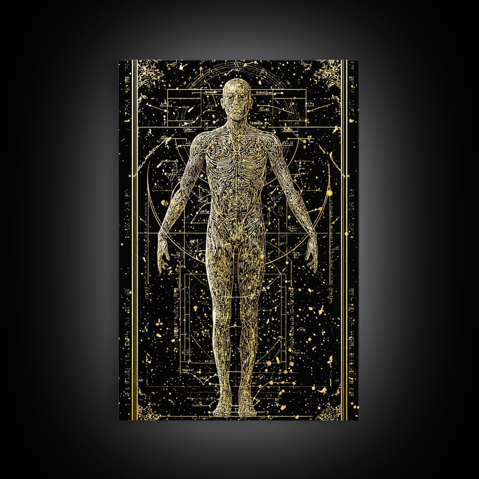 Vitruvian Human Anatomy Canvas Gold Canvas Print, Sacred Geometry Wall Art, Celestial Body Illustration, Real Wood Frame Decor