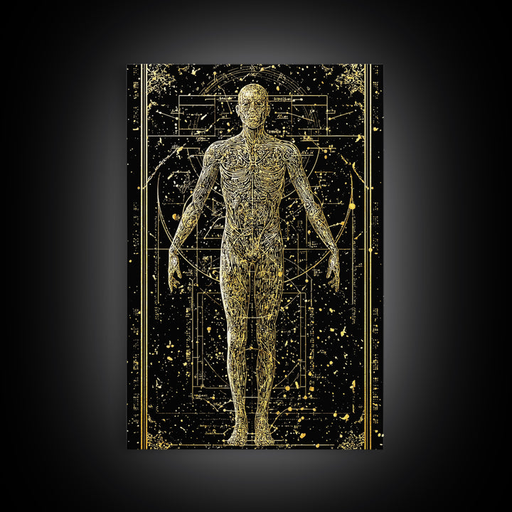 Vitruvian Human Anatomy Canvas Gold Canvas Print, Sacred Geometry Wall Art, Celestial Body Illustration, Real Wood Frame Decor